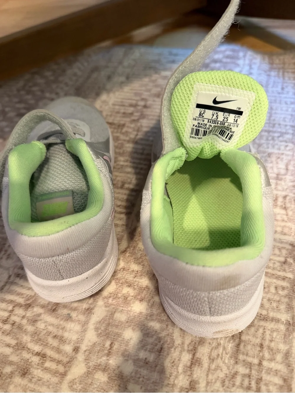 Nike Kids' Light Gray Sneakers with Pink Swoosh and Lime Lining